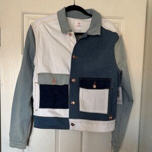 NWT Colorblock Denim Jacket in Blue, White, Light Blue